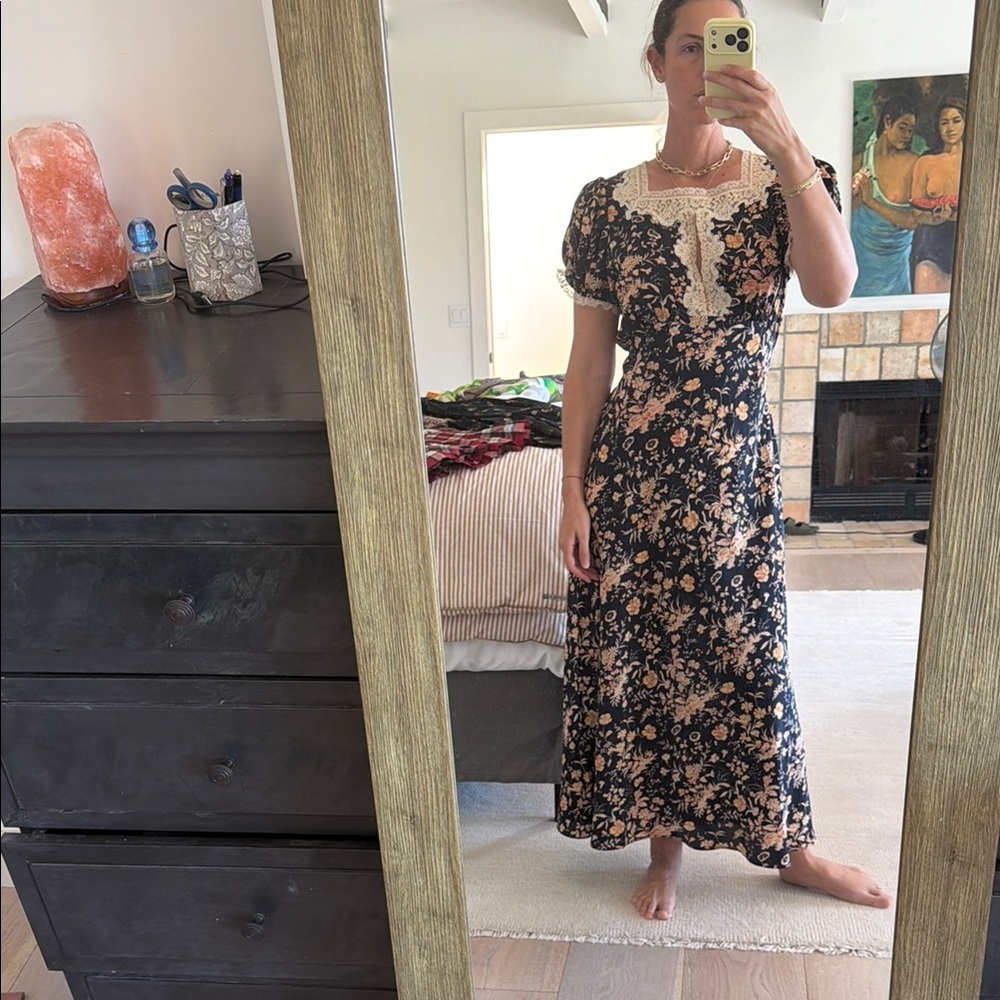 Doen Black Maxi Dress with Peach Floral Print and Lace Trim
